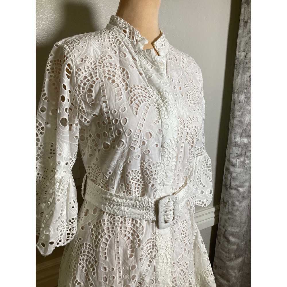 Farm Rio White Richelieu Eyelet Belted Mini Dress XS Embroidered Boho Ruffle - Picture 7 of 12